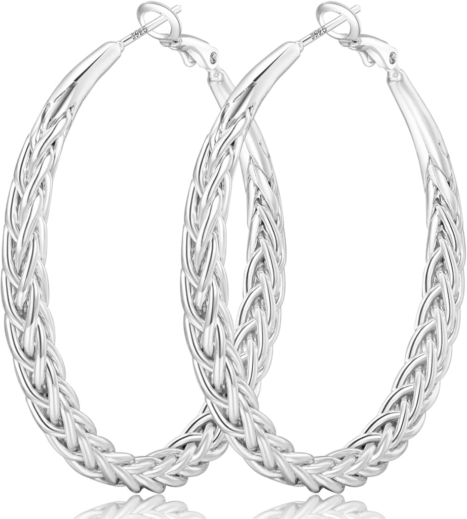 Senteria Silver Hoop Náušnice pro ženy hypoalergenní 925 Sterling Silver Post Hoop Náušnice Lehké Velké Obruče Earring Thick Twisted Silver Hoops 30 / 40 / 50MM