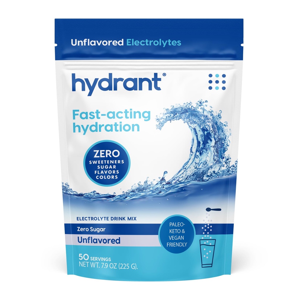 Hydrant - Bulk Hydration Powder, Neochucený, 50 Servings Fast acting Electrolyte Rehydratation Powder - Zero Sugar Flavorless Drink Mix for Denní použití, Travel & Workouts