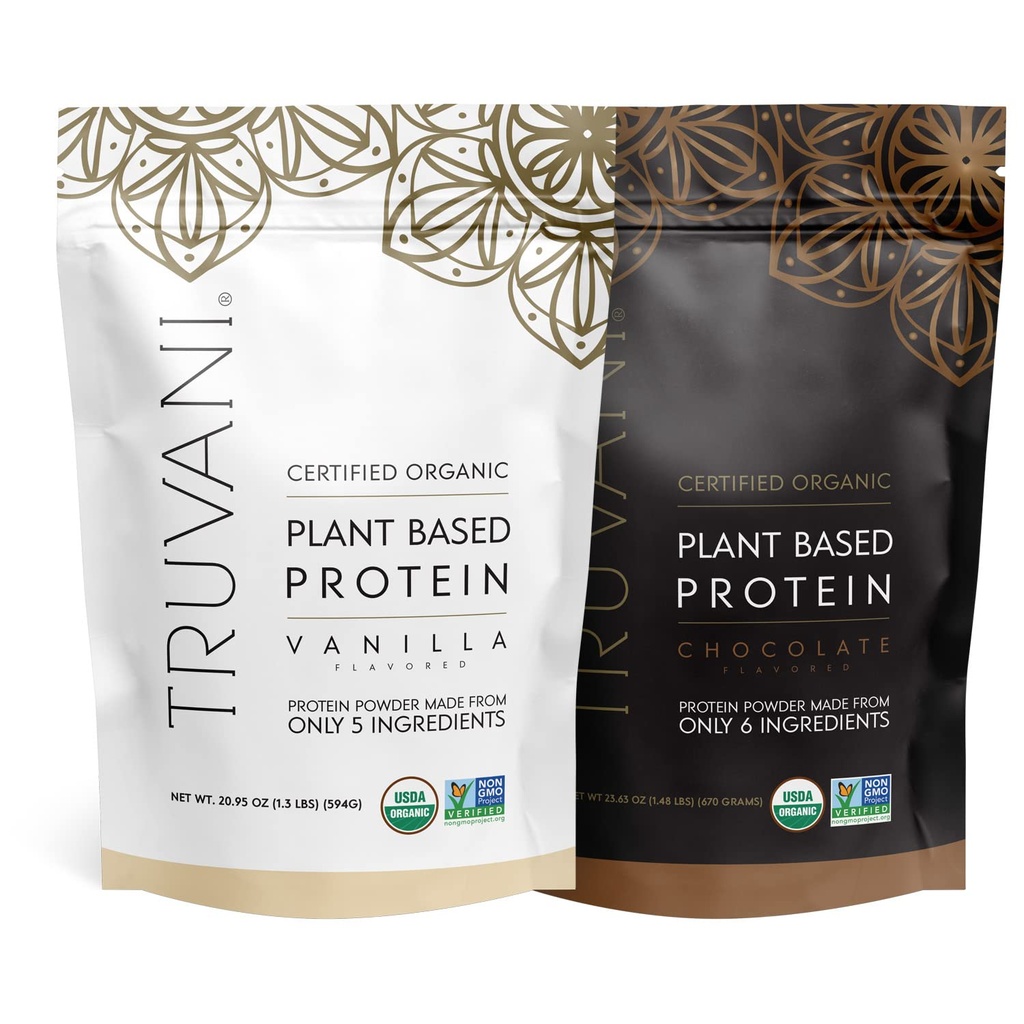 Truvani Plant Based Protein Powder - USDA Certified Organic, Vegan, Non-GMO, Dairy Free, Soy Free, & Gluten Free - 2 balení po 20 Servings Each (Chocolate & Vanilla)