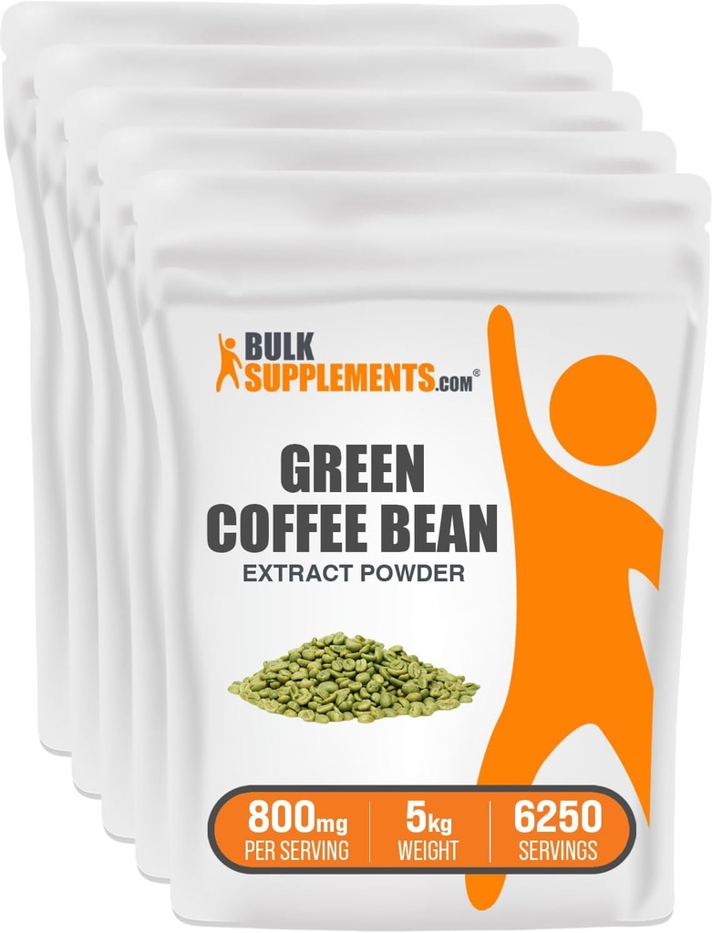 BulkSupplements.com Green Coffee Bean Extract Powder - Green Coffee Bean doplňky, Green Coffee Bean Powder - Energy Support, Gluten Free, 800mg na Serving, 5kg (11 liber) (balení 5)