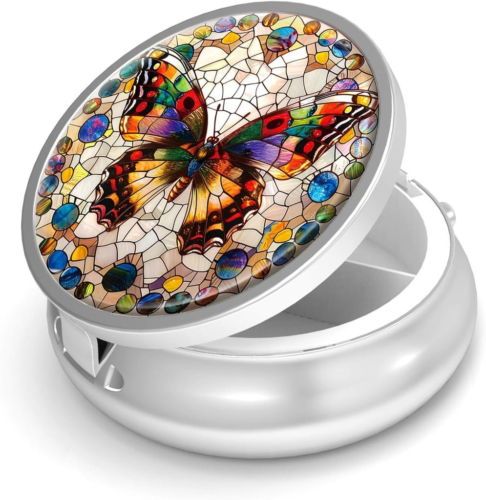 Pill Box-3 Kompartment Small Pill Pouzdro pro Purse & Pocket Mini Metal Pill Holder Cestovní Pill Kontejner pro držení doplňků Vitamíny BPA- zdarma (Gemstone Butterfly)