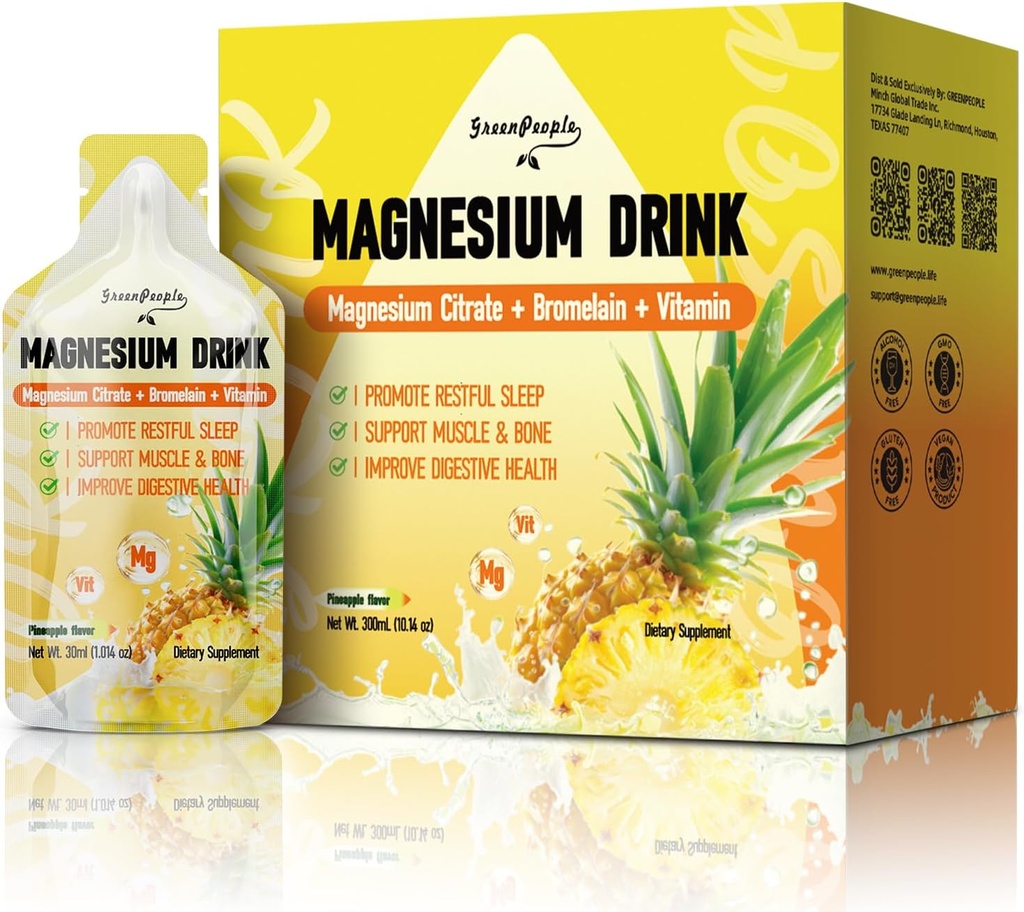 GREENLIONS 7- in-1 Magnesium Citrát Liquid, Magnesium Citrát Doplňky nápoje s 280mg hořčíku, zinek, bromelain, vitamin C D3 B6, Muscle & Sleep Support for Kids & Adult, 1 f.Oz (10Pcs)