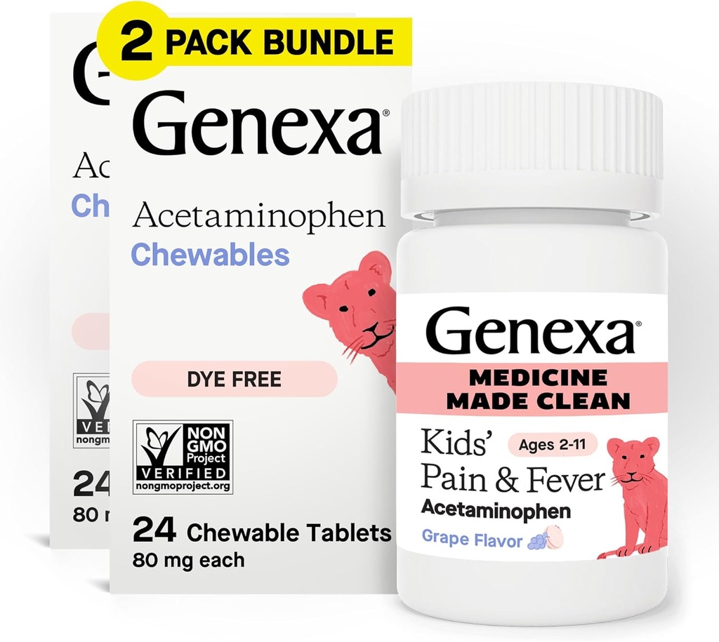 Genexa Kids 'Clean Pain & Fever Acetaminophen Chewables, Barvy zdarma, 0% umělé přísady, Delicious Grape Flavor, Žvýkací medicína pro děti 2- 11, 80 mg na tabletu, 48ct (2 balení)