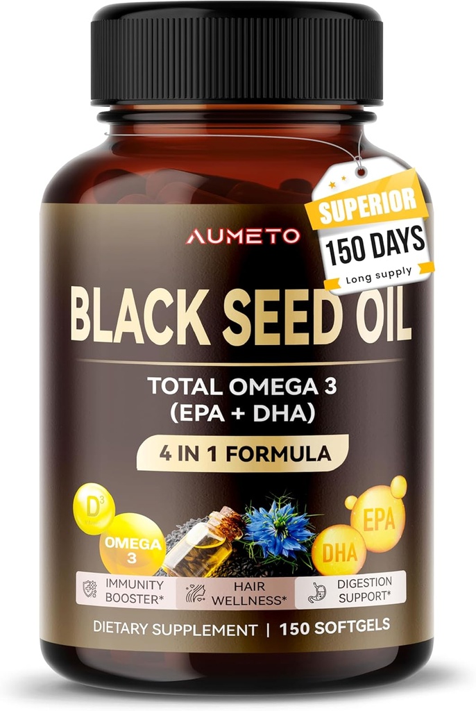 Organický černý olej ze semene - 150 Softgel - 100% chlazený lisovaný zdroj Omega 3 (EPA + DPA) - kůže, vlasy, imunitní podpora (150 Počet (balení po 1))