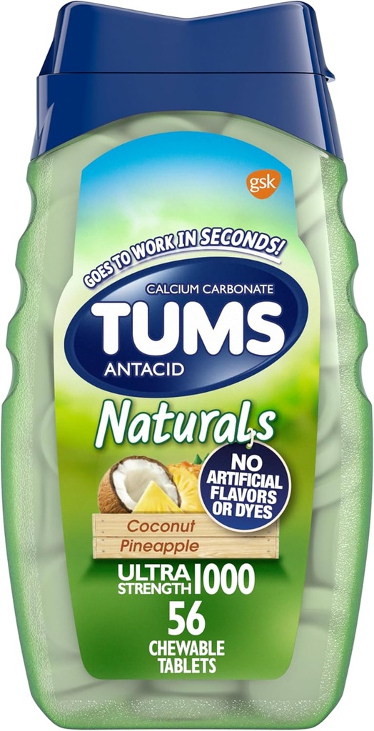 TUMS Naturals Žvýkací Ultra Pevnost Antacida Žvýkačky pro pomoc od Heartburn, Kokosový ananas - 56 Počet