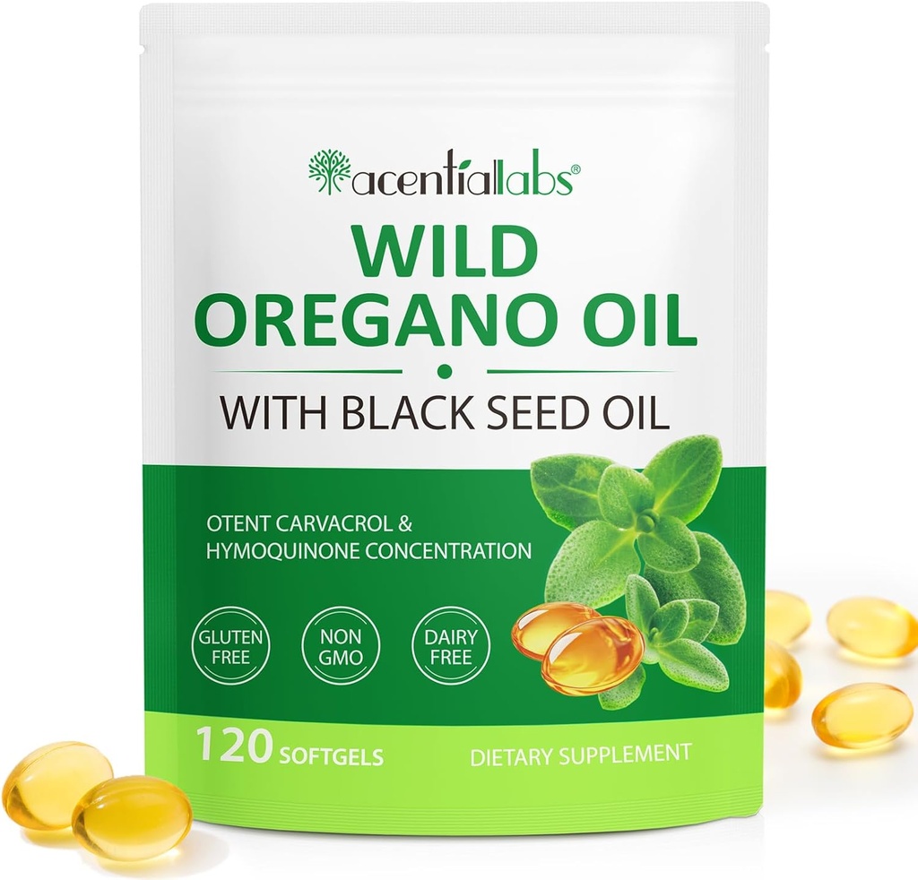 Olej Oregano Softgels, 120 Count Oregano Oil Supplement Kapsle, 2 v 1 6000mg Oil Oregano s černým semenným olejem 200mg, Organic Oregano Oil Extract, Non- GMO, gluten zdarma