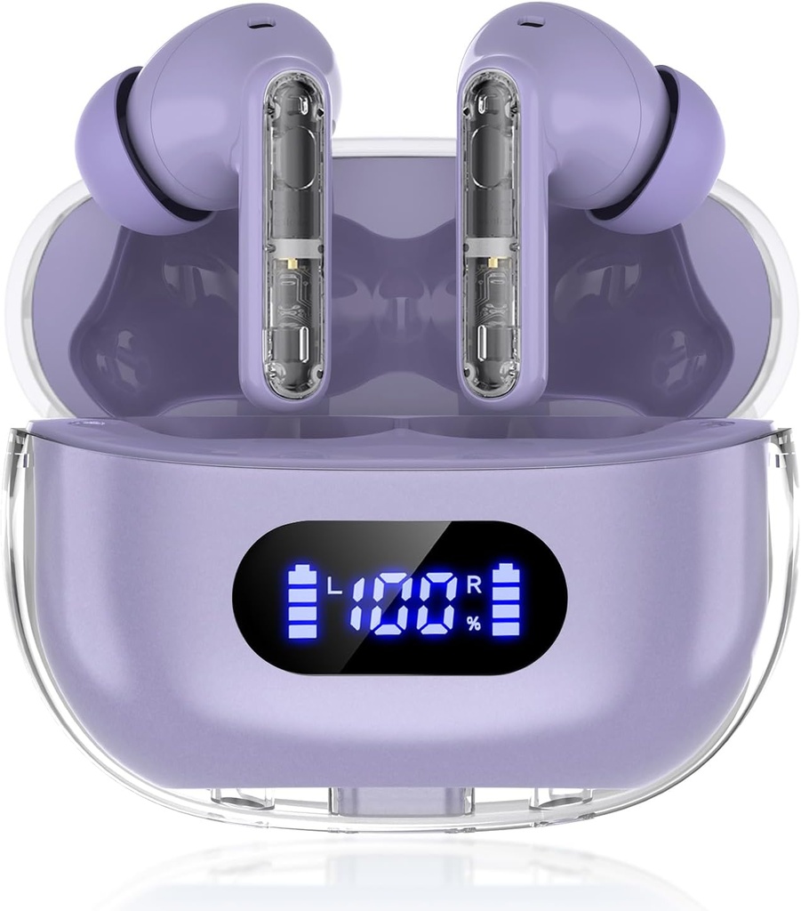 Fialové bezdrátové sluchátka P1 PRO, sluchátka bezdrátová Bluetooth sluchátka s čirým volání Mics Ušní Buds, Pohodlné Fit, IPX7 Vodotěsný dlouhý bateriový život, 30H Playtime pro sportovní cvičení