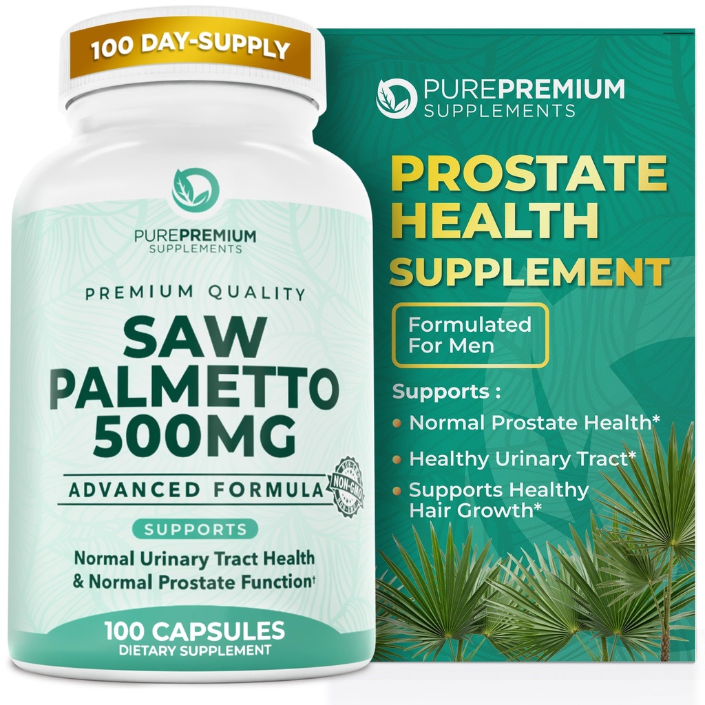 PurePremium Saw Palmetto 500 mg pro muže / ženy - Maximální síla Saw Palmetto Extract 124; Práškové kapsle dodatek - Podpora normálního močového traktu, Prostate Health / Hair - 3 měsíce Dodávka - 100 Tablety