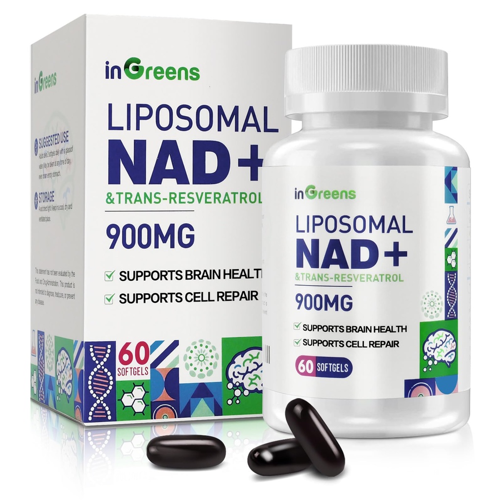 900 mg Lipozomální NAD + Doplněk k Trans Resveratrol 300 mg, Nahrazuje NMN, Superior Absorpce, True NAD Plus Dodatek pro opravy a posílení DNA NAD +, Stárnoucí obrana, Energie, Dlouhověkost, 60 Softgels