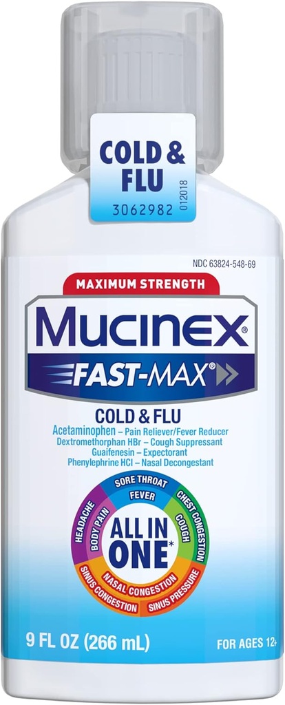 Mucinex Fast- Max Maximální síla All- in- One Cold & Flu, 9 oz Lahvička, pro použití na bolest hlavy, bolest na těle, krční hrdla, horečky, překrvení hrudníku, kašel, Nasal / Sinus zácpa, a Sinus tlak