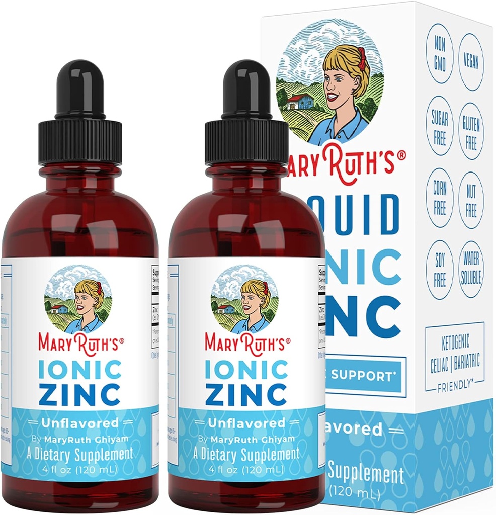 MaryRuth Organics, iontové zinkové kapalné kapky pro imunitní podporu bez příchutí 4oz. (120 ml) 2 balení