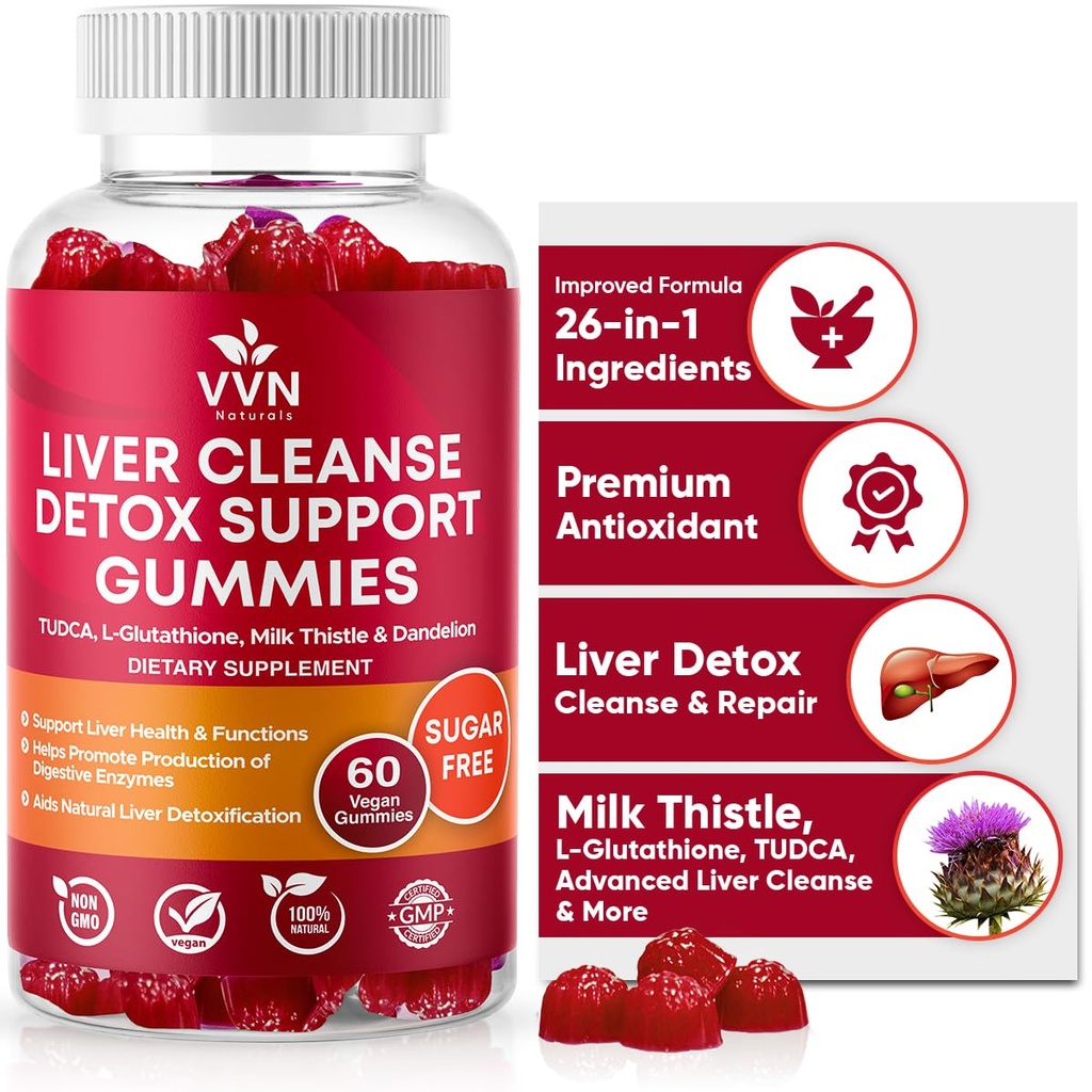 VVNaturals Sugar- Free 26- in-1 Játra čisticí detox & oprava Tučné jaterní gumy; 3000mg Směs glutathionu, Silymarin Mléko Thistle, Choline, TUDCA 124; Játra Detox Gummies - 60 Vegan Ct