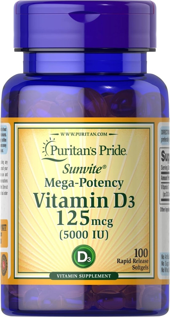 Puritan 's Pride Vitamin D3, 5000 IU, 100 Počet
