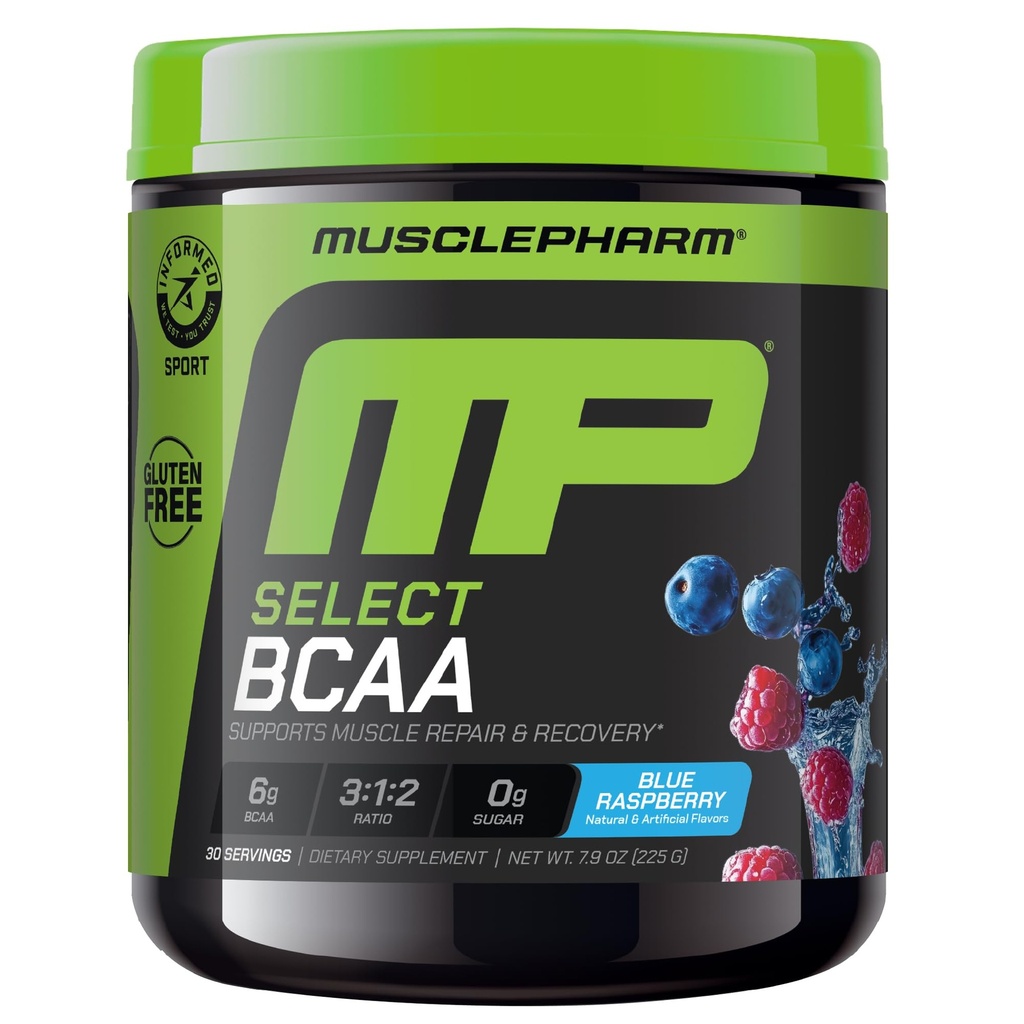 MusclePharm Essentials BCAA Powder, Pre & Post Workout Recovery Drink, Podporuje Muscle Recovery & Energy Production, Essentials Amino Acids Dodatek, 30 Servings, Blue Raspberry Flavor