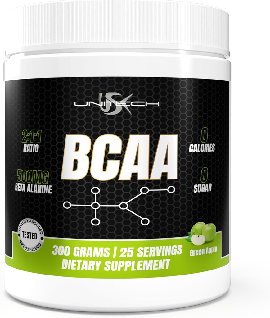 Unitech USK BCAA BCAA 124; Doplněk k cvičení pro svalovou obnovu, Podpora vytrvalosti a výživová absorpce 124; bohatý na vitamín C, B6, Valin, Leucin & Isoleucin 124; Green Apple Flavor, 300g