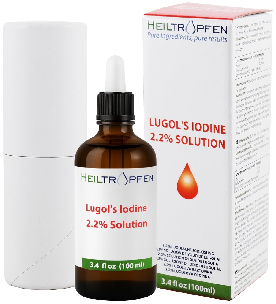 2, 2% roztok přípravku Lugol s jódem 3.4 Fl Oz colum124; Ingredienty lékové formy přípravku Lugols Solution Made with jód and Draslík Iodide. Heiltropfen ®