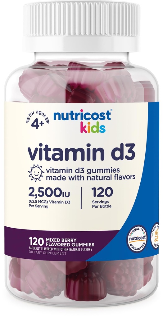 Nutricost Kids Vitamin D3 Gummies 2,500 IU (62, 5mcg), 120 Gummies - Smíšené Berry Ochucené
