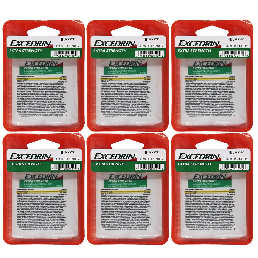 Uni Excedrin Extra Strength 6 Počet jednorázových dávek Relief 2 kaplety v každém balíčku. Pomáhá zmírnit bolest hlavy, zuby, záda, menstruační křeče, společná zima, a svaloviny.