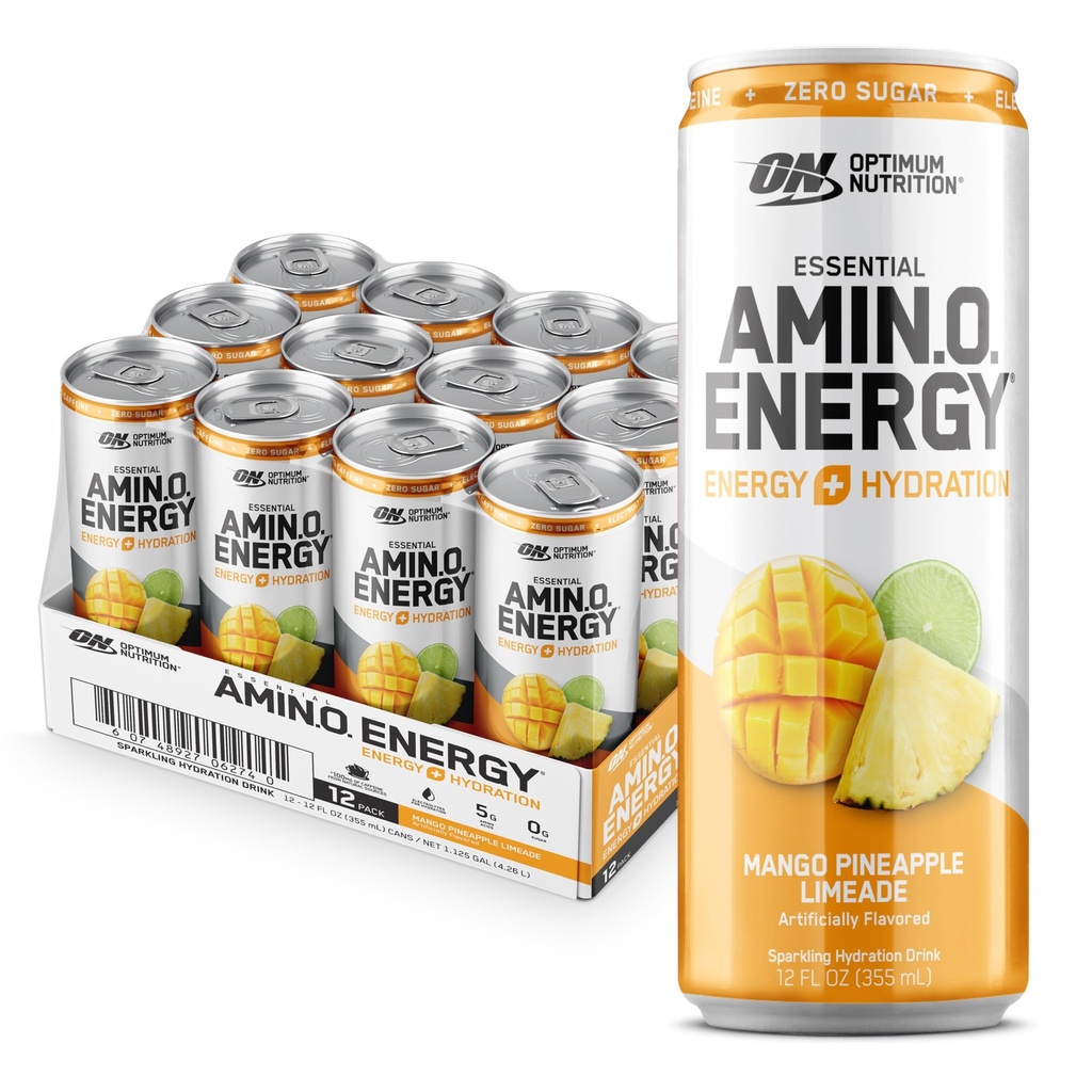 Optimum Nutrition Amino Energy Sparkling Hydration Drink, Electrolytes, Kofein, aminokyseliny, BCAA, Cukr zdarma, Mango Ananas Limeade, 12 Fl Oz, 12 Pack (Balení květen Vary)