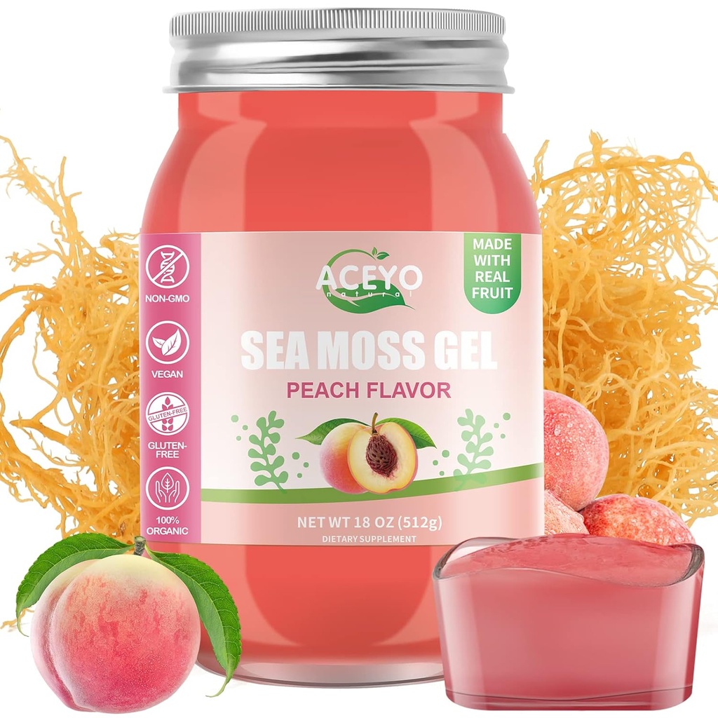 ACEYO (18 OZ) Irish Sea Moss Gel Organic Raw Vegan Peach Flavor 102 Vitamíny a minerály Wild Sklizeň Non-GMO imunitní obrana Booster štítné žlázy Digestivní podpora