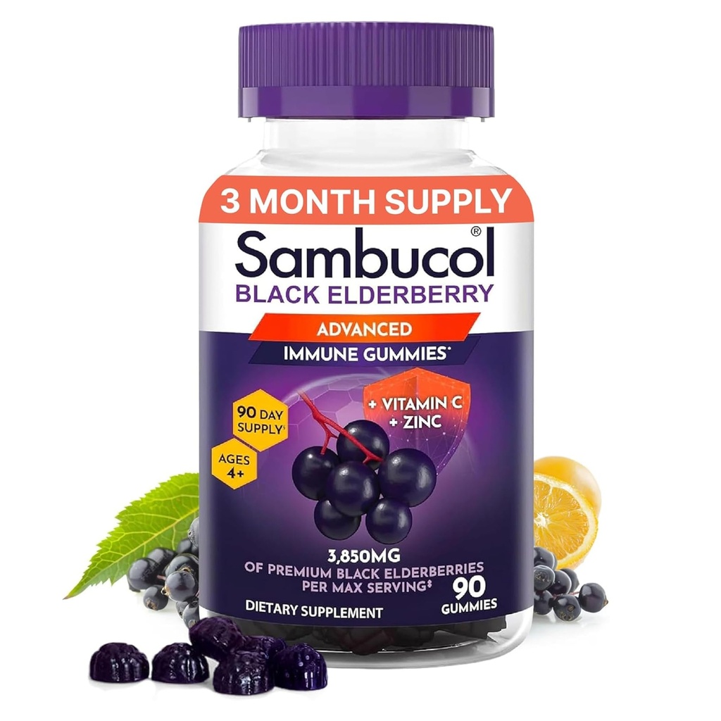 Sambucol Elderberry Gummies pro dospělé s vitaminem C; Zink; Sambucus Elderberry Gummies pro imunitní podporu s vysokými antioxidanty; gluten Free; Vegan; 1 Gummy per Serving; 90 Počet (90 Day Supply)