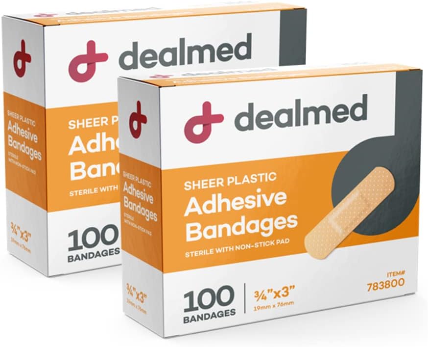 Dealmed Sheer Plastic Flexible Adhesive Obvazy - 100 hrabě (2 balení) Obvazy s non-Stick Pad, Latex Free, Wound Care for First Aid Kit, 3 "x 3 / 4"