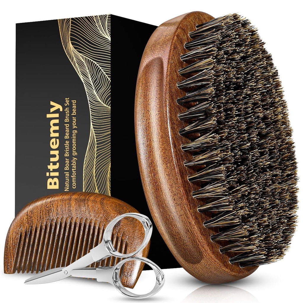 Beard Brush, Natural Boar Bristles Beard Brush pro muže a Dřevěné Sandalwood Pocket Beard Comb Set, Facial Hair Grooming Kit s Nůžky na kníry jako stylový nástroj, Růst, Odlučovače, lesklé