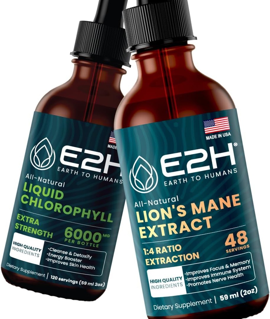 E2H: Tekutý chlorofyl a Lví hříva 124; Vegan, Non- GMO - 2 Fl Oz Each (4 Fl Oz Total) - Bundle