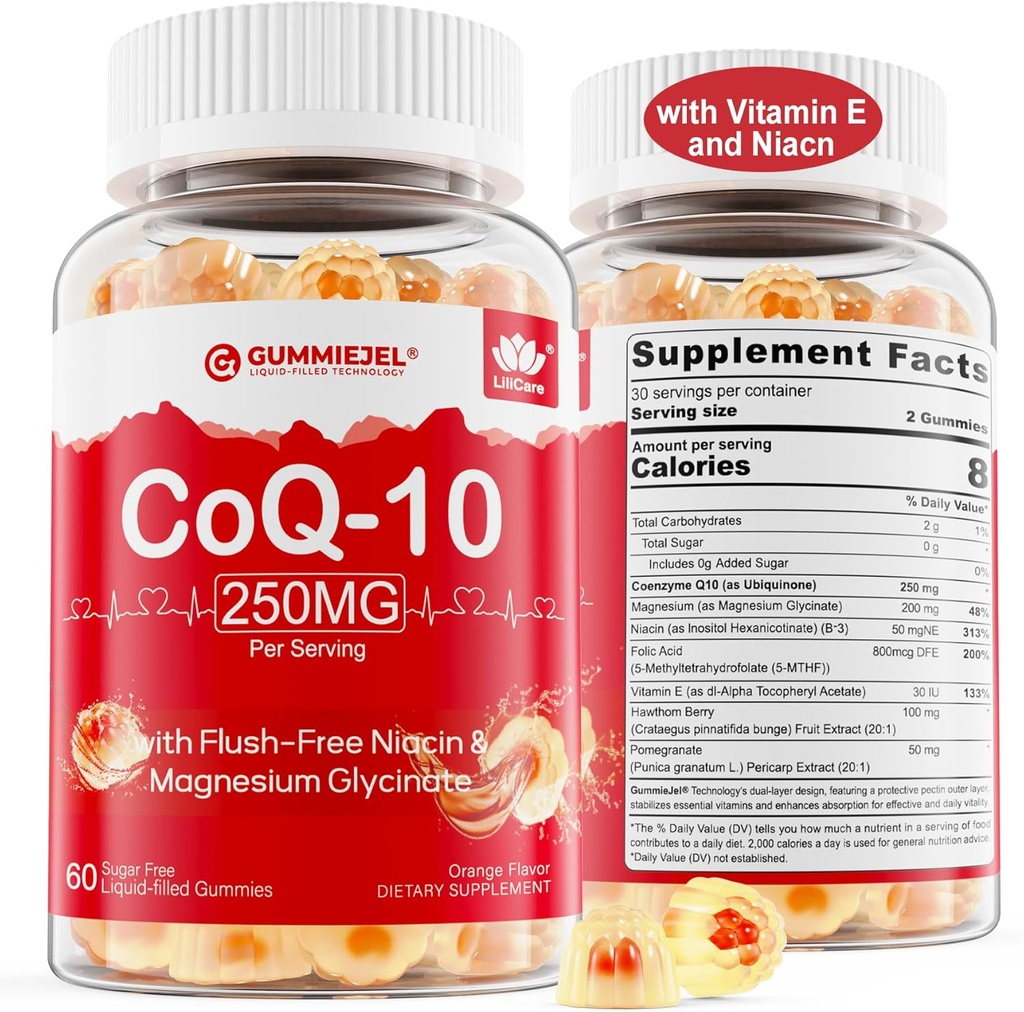 2 balení - bez cukru CoQ10 plněné gumy 250MG, koenzym Q10 w / magnesium- glycinát, niacin no- flush vitamin B3, E & kyselina listová, vysoká absorpce CoQ10 pro hear- t, buněčná energie a antioxidant