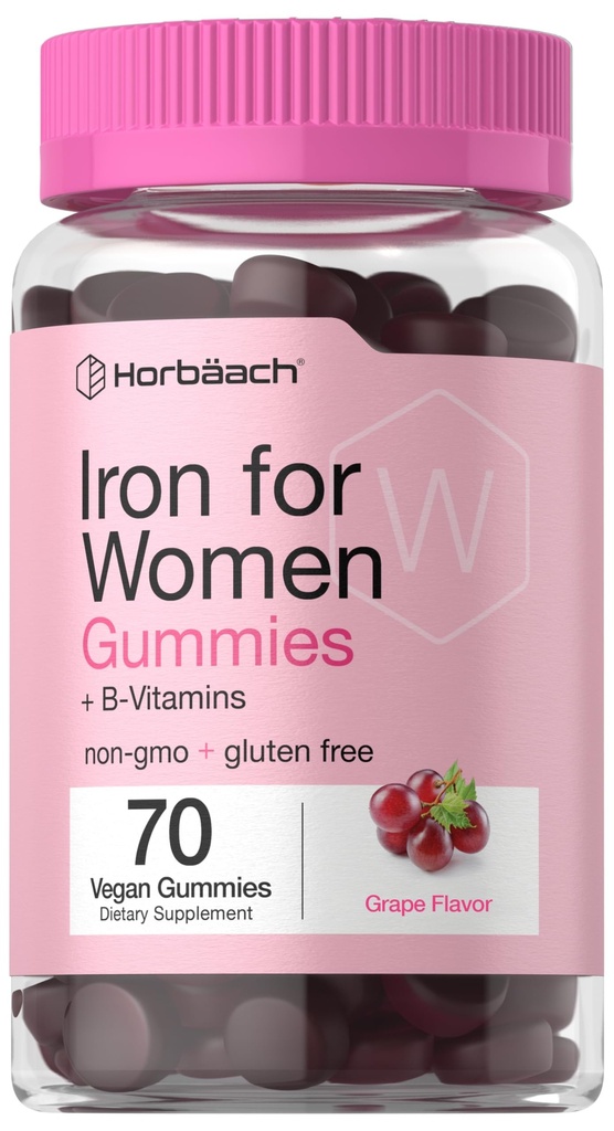 Horbäach Železné gumy pro ženy 124; 70 Počet 124; Grape Flavor 124; Dodatek s B Vitamíny Folát a zink 124; Vegan, Non- GMO & Gluten zdarma