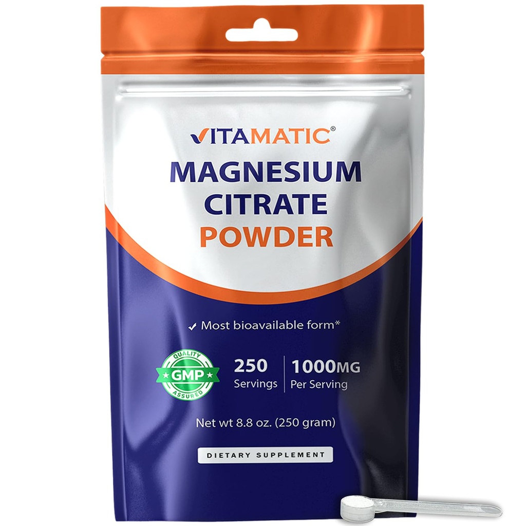 Vitamatic Magnesium Citrát 1000mg na servírování podporuje svalovou, kloubní a srdeční zdraví 250 Grams - 250 Serving