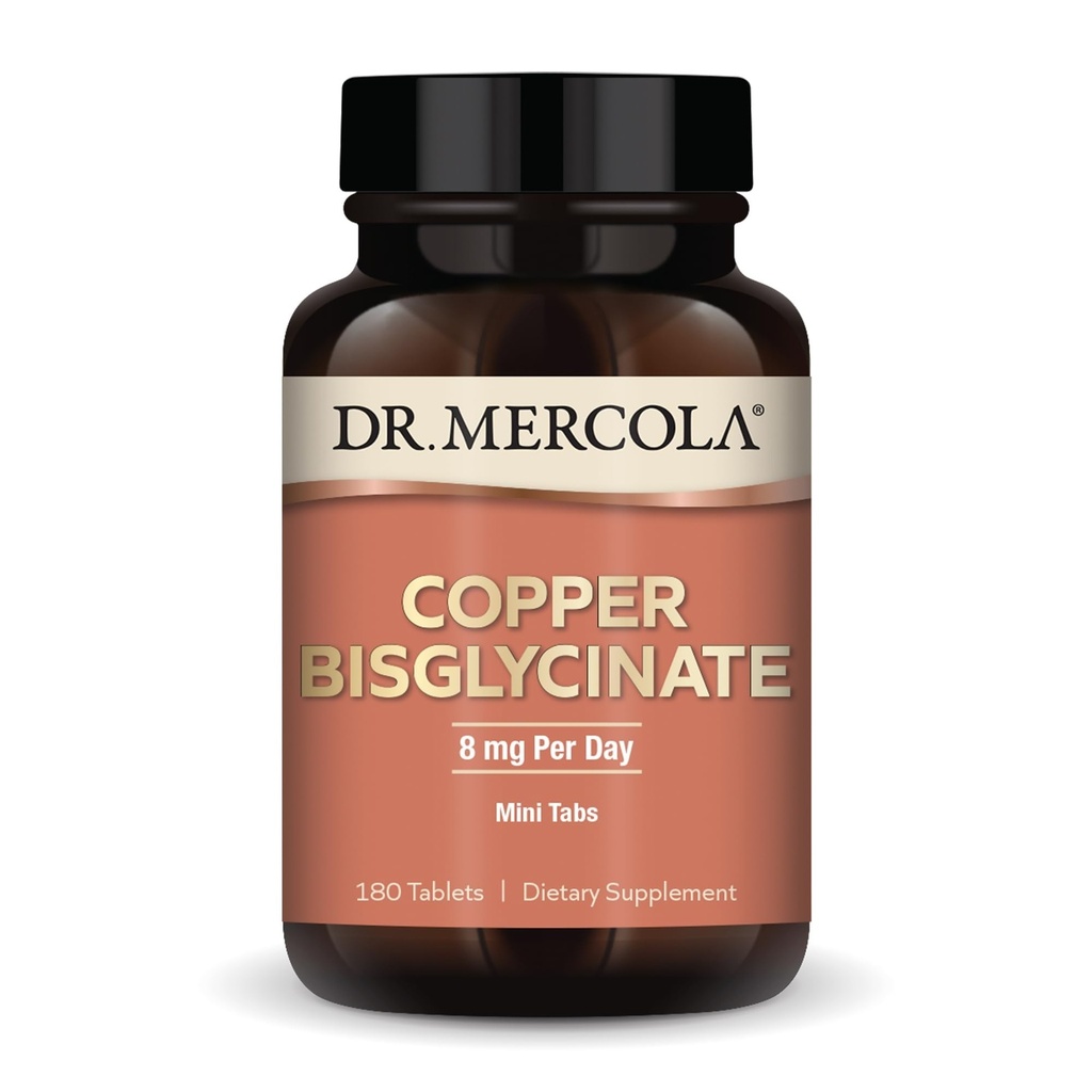 Dr. Mercola Copper Bisglycinate, 90 Servings (180 tablet), Dietní doplňky, 8 mg per day, Mini Tabs, Podporuje celkové zdraví, non GMO