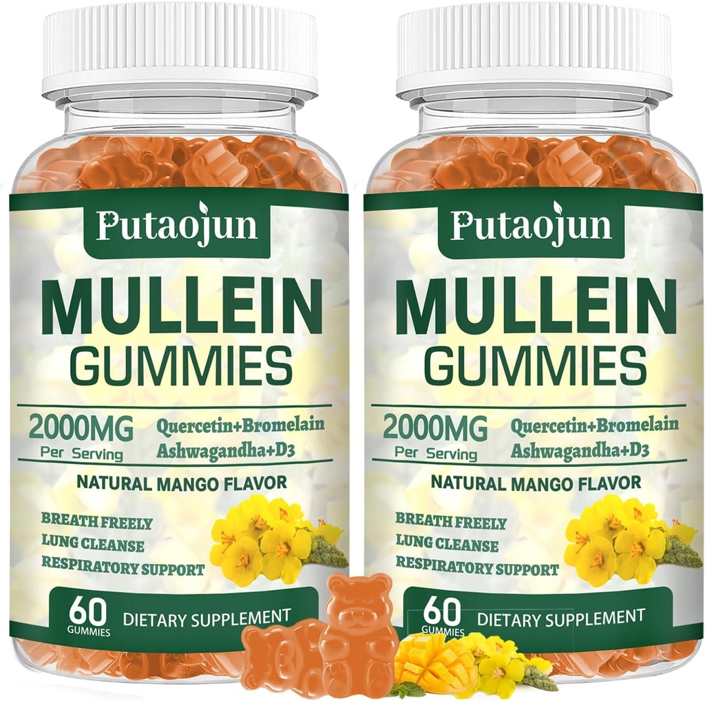 Mullein Gummies for Plíce 124; 2000mg Mullein Leaf Extract for Respirační a imunitní podpora 124; Pure Vegetarian Mullein Gummies Herbal 124; Soft and Non Sticky Auth124; Mango Flavor 124; 2 Pack