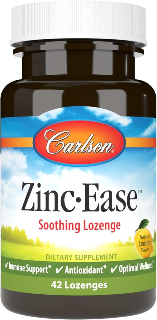 Carlson - Zinc- Ease, Soothing Lozenge, Imunitní podpora a optimální Wellness, Antioxidant, Lemon, 42 Lozenges