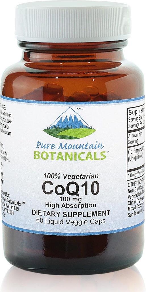 Čisté horské botaniky Coq10 100mg Softgels - 60 Vegan Kosher Kapsle s Ubiqunone Coenzym Q10 Dodatek