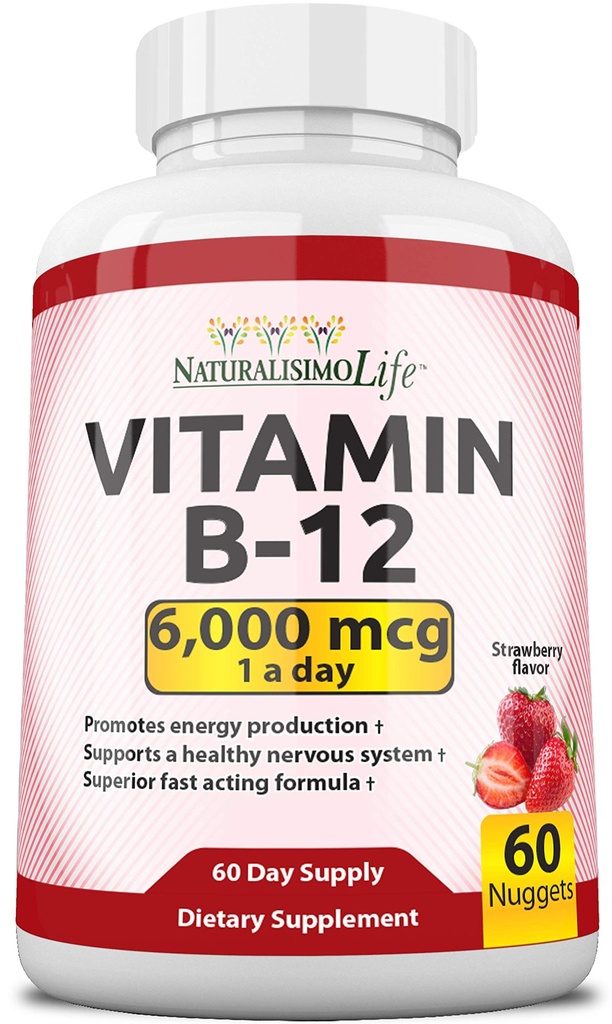 NaturalisimoLife Vitamin B12 6000 mcg - Quick Disold Strawberry Flavor Nuggets - 60 Nuggets, Non- GMO, Vegan, gluten zdarma