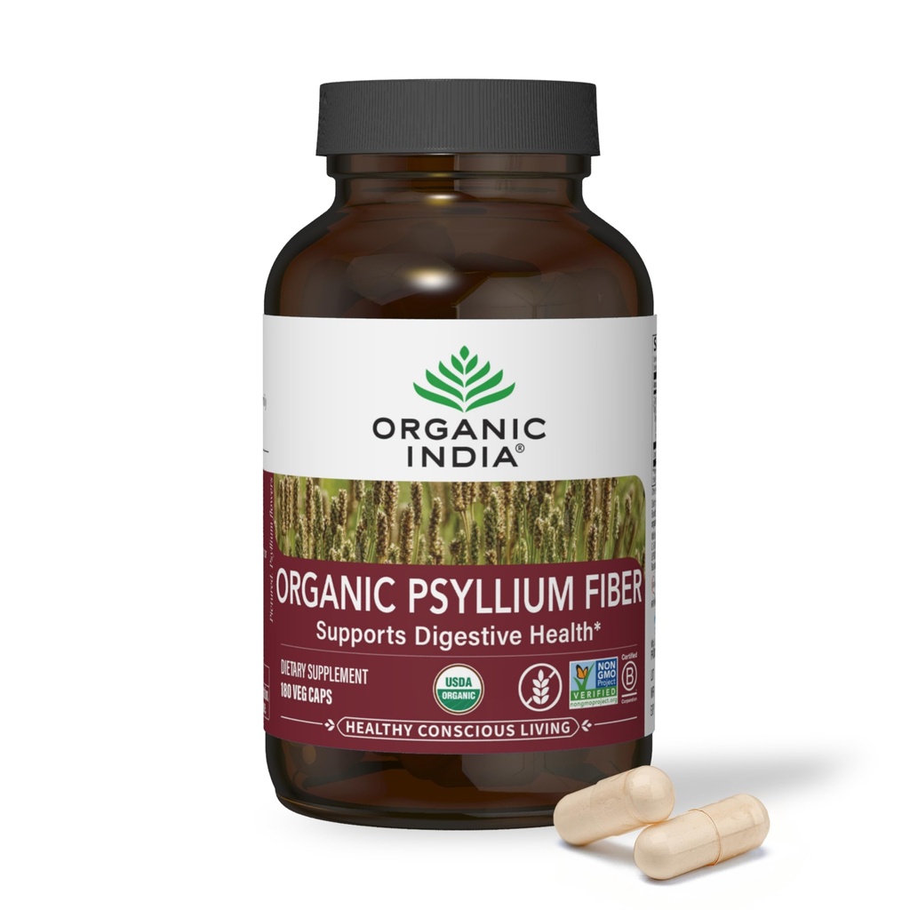 ORGANICKÁ INDIA Psylium Husk Kapsle - Příplatek za vlákna, Zdravá eliminace - Vegan, Keto Friendly, Gluten- Free, USDA Certified Organic, Non- GMO, Soluble & Nerozpustný zdroj vlákna - 180 Počet