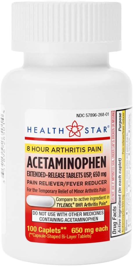 GeriCare Acetaminofen Extended- Release Artritis 650mg Caplets, Pain Reliever, Artritis Symptomy, Redukce horečky, 100 Počet (balení po 1)