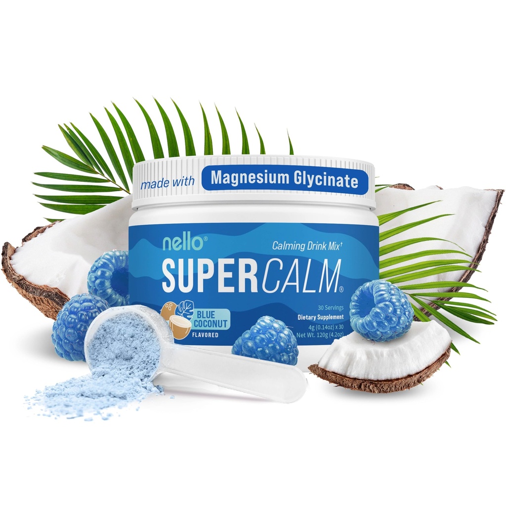 Nello Supercalm Powded Drink Mix, Blue Coconut, L Theanine, Ksm- 66 Ashwagandha, Magnesium Glycinát, Vitamin D 3, doplňky pro relaxaci a soustředění, No Sugar, Non GMO, On The Go, 30 Srvgs