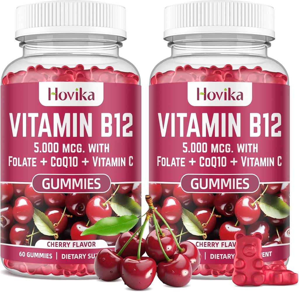 Vitamin B12 Complex 5000 mcg methyl B12, Adenosyl B12 & Hydroxy B12, s koenzymem Q10, folát, vitamín C, Žvýkací B 12 pro energetickou podporu, metabolismus, zdraví kostí - třešňový flavor, 2 balení