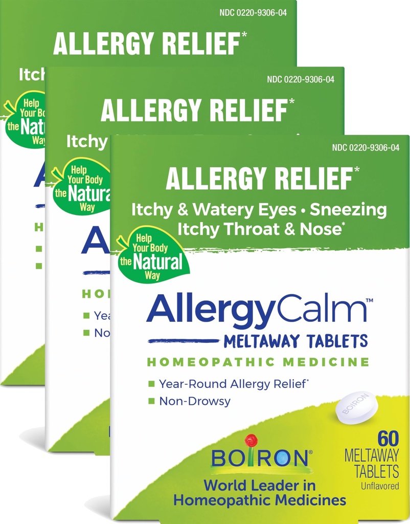 Boiron AllergyCalm Tablety 180 Počet, Úleva od alergie a Hay Horečka příznaky žíhání, Runny Nose, a SITchy Oči nebo hrdlo, Alergie Klidové Tabs (dříve RhinAllergy) (Balení 3 60ct Boxy)