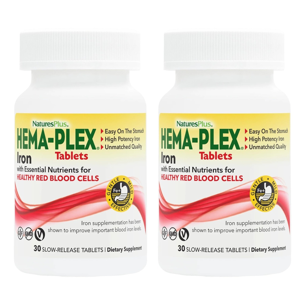 NaturesPlus Hema- Plex Iron - 30 Slow-Release Tablety, Balení 2 - Total Blood Health - 85 mg Chelated Iron - s vitaminem C & Bioflavonoidy - Non GMO, Vegetarian & gluten Free - 60 Total Servings