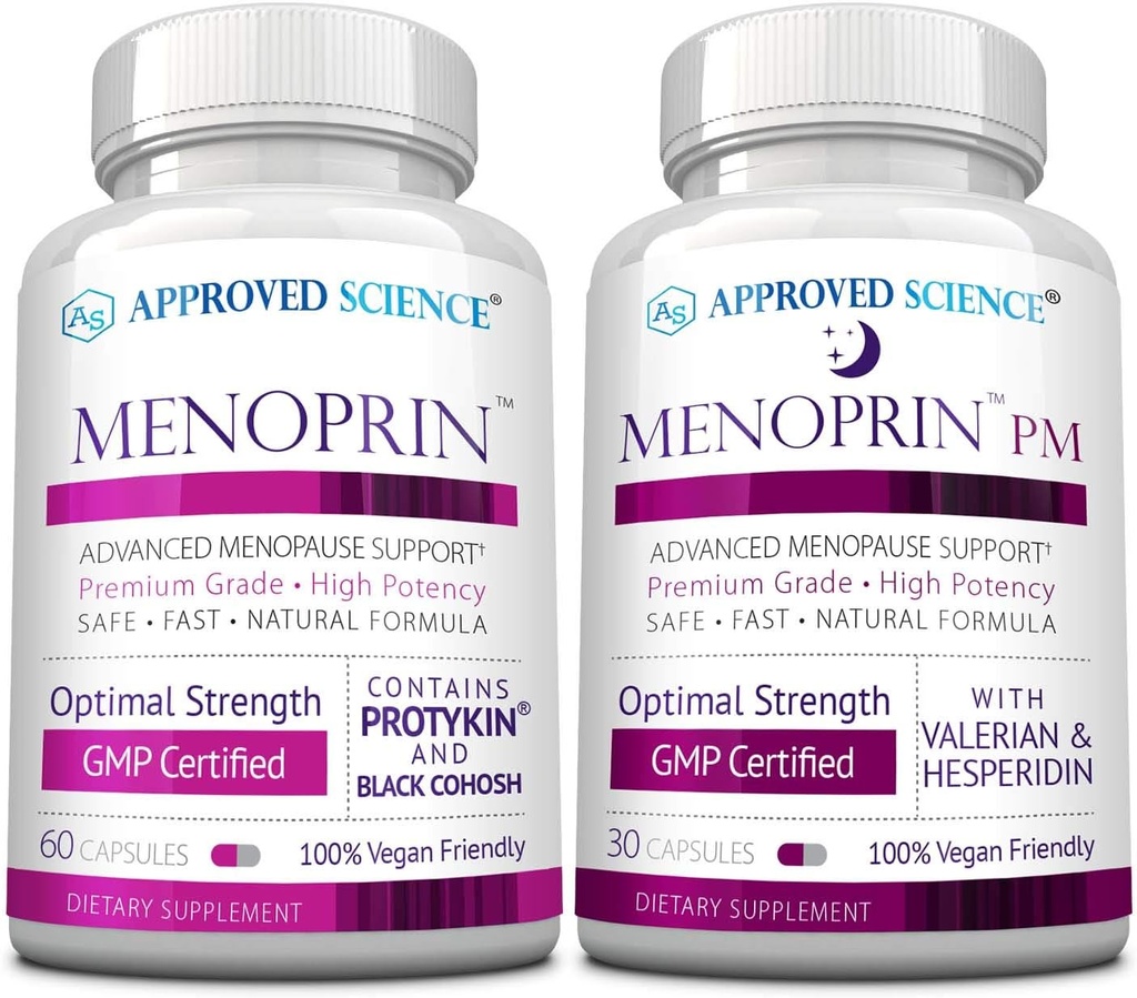 Schválené Science Menoprin - Menopauza Support - Protykin, Black Cohosh - 1 láhev Menoprin Day + 1 láhev Menoprin PM - Vegan