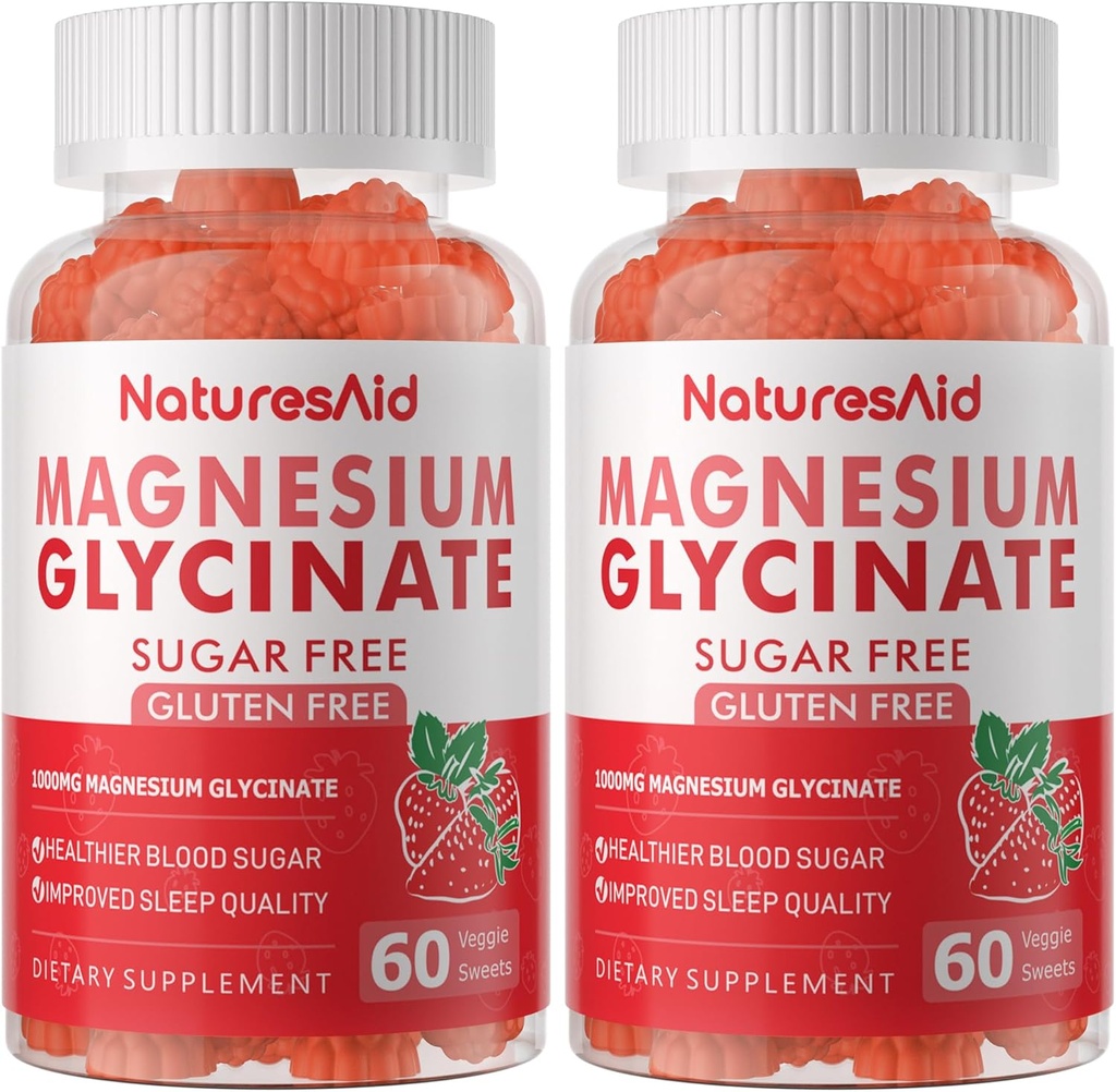 Magnesium Glycinát Gummies 1000mg - Doplněk draselného k hořčíku bez cukru s vitaminem D, B6, CoQ10 pro klidnou náladu a podporu spánku - 120 Jahodové gumy -2 Pack