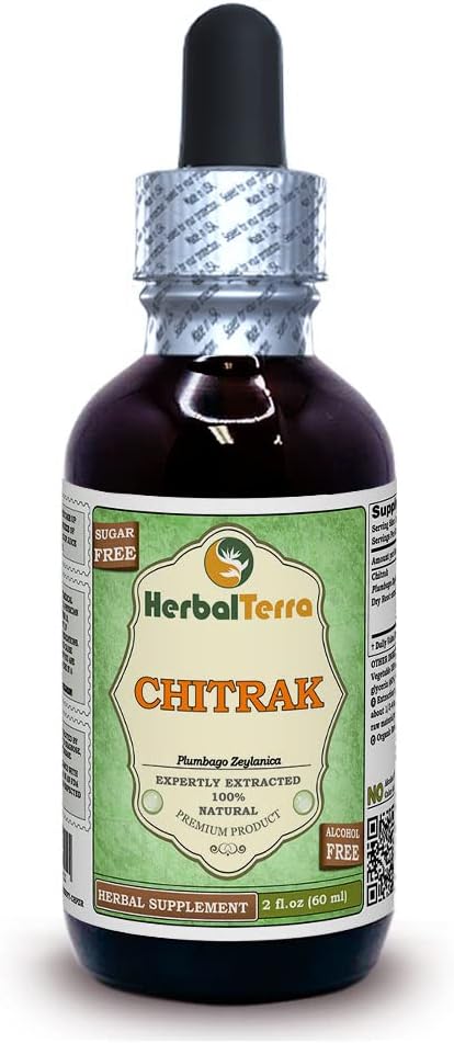 Chitrak (Plumbago Zeylanica) sušený kořenový alkohol- volný tekutý extrakt (značka: HerbalTerra, Proudly Made in USA) 2 oz
