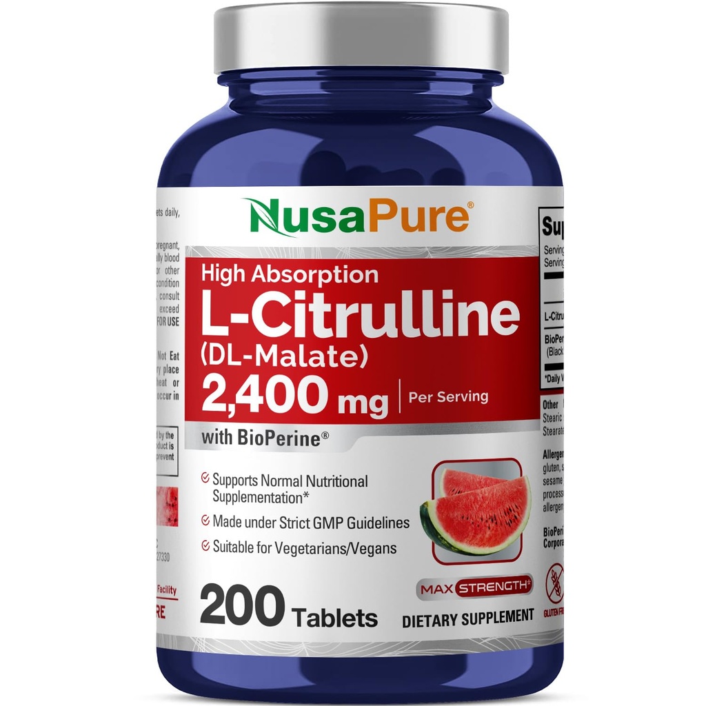 NusaPure L- Citrulline 2 400 mg 200 Vegetariánských tablet (Non- GMO, Gluten Free, 100- Day Supply, Bioperin)