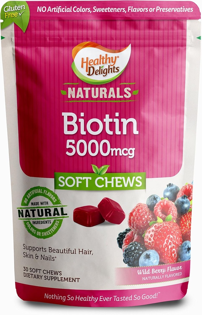 Zdravé pochoutky Naturals, Biotin měkké Chews, podporuje Lustrous vlasy, zářící kůže a silné nehty, Delicious Wild Berry Flavor, 30 Počet