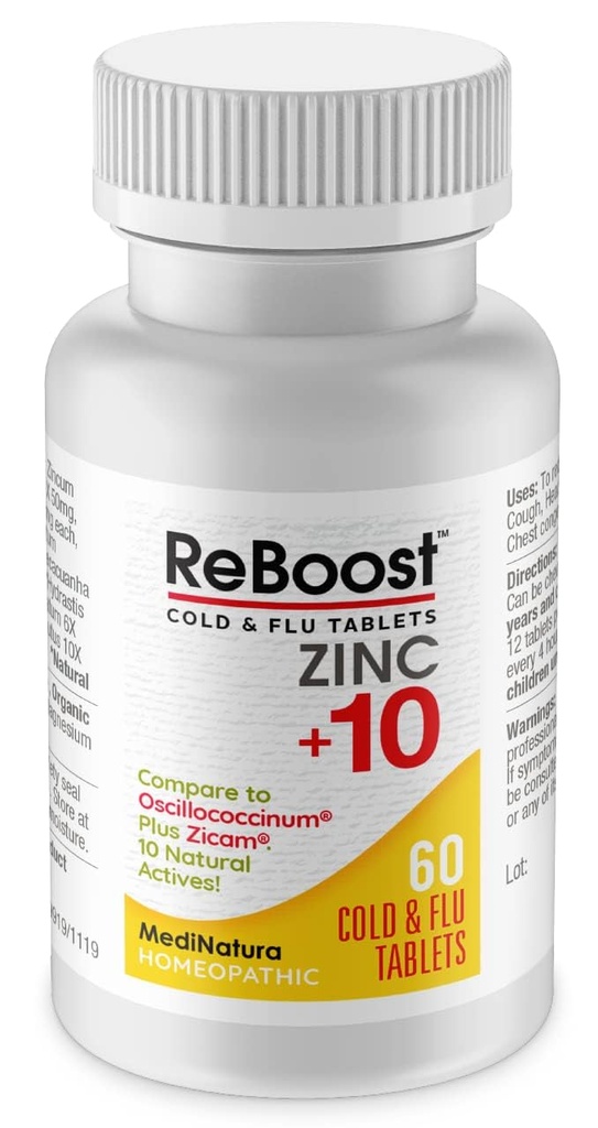 MediNatura Reboost zink + 10 MAX Cold & Flu Symptom Relief Fast- acting, Non- Drowsy Natural Soothing Homeopatic Helps Relieve Whole Body Discomform, Kašel, Únava, Kongestion - Lemon - 60 Tablety
