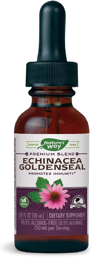 Příroda Way Premium Formule Echinacea- Goldenseal, 250 mg na porci, 99,9% Alkohol-Free, 1.01 Oz.