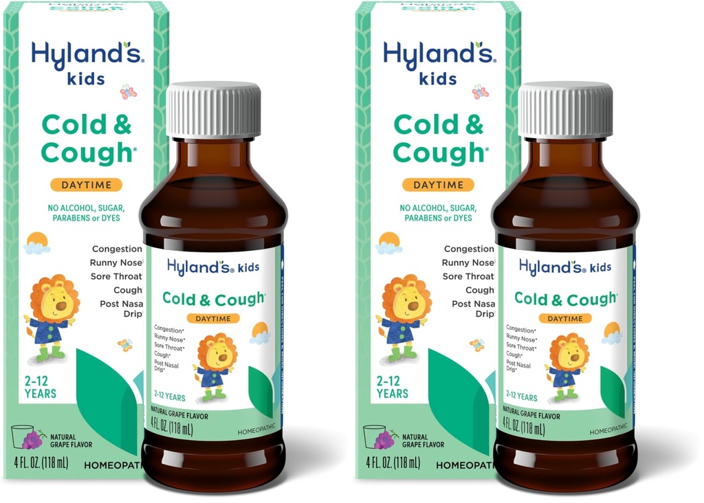 Hylandské Naturals Kids Cold & Cough, Daytime Grape Flavor Kašel Sirup Medicine for Kids Ages 2 +, Decongestant, Sore Throat & Alergies Relief, Přírodní léčba pro běžné studené příznaky, 4 Fl Oz